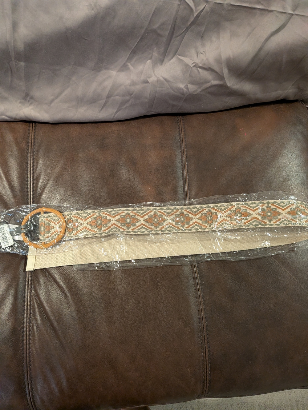 Boutique Woven Geometric Belt with Wooden Ring - Brown/Tan/ Green